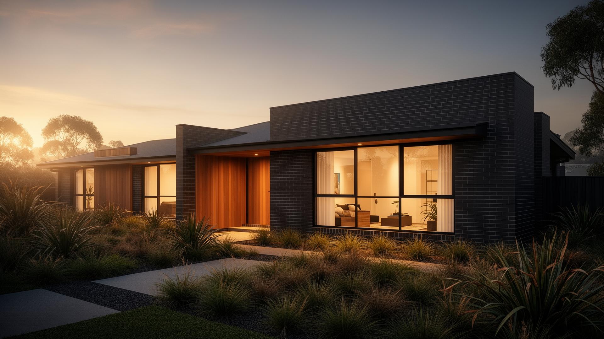 New turn-key Melbourne house and land package home in a VIC growth corridor at golden hour